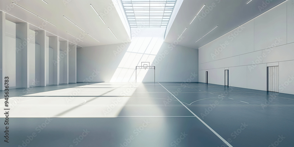 Obraz premium Modern Minimalist Indoor Basketball Court with Natural Lighting and Skylight Ceiling