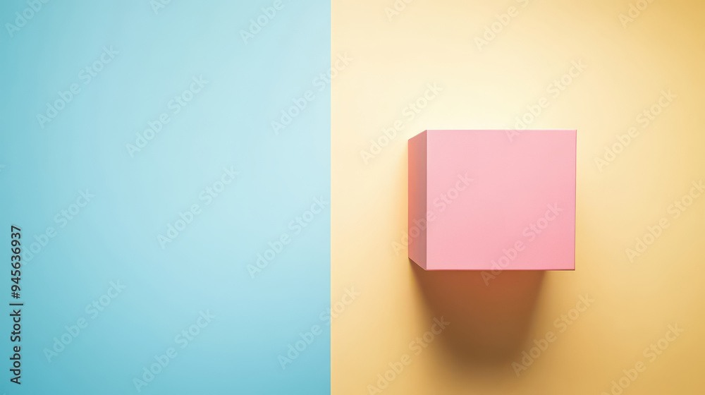 Fototapeta premium A vibrant pink cube set against a split background of soft yellow and blue, creating a playful and modern geometric composition with bright, contrasting colours and minimalist design.