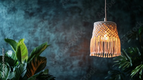 Macrame lampshade with fringes, suspended in front of a dark, moody background photo