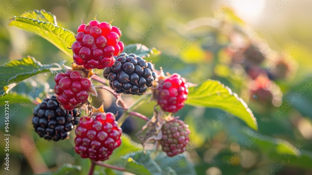 A cluster of ripe and semi ripe blackberries on a vine, captured in a garden setting, showcasing the vibrant colours and natural abundance of summer fruits ready for harvest. A cluster of ripe and semi ripe blackberries on a vine, captured in a garden setting, showcasing the vibrant colours and natural abundance of summer fruits ready for harvest.