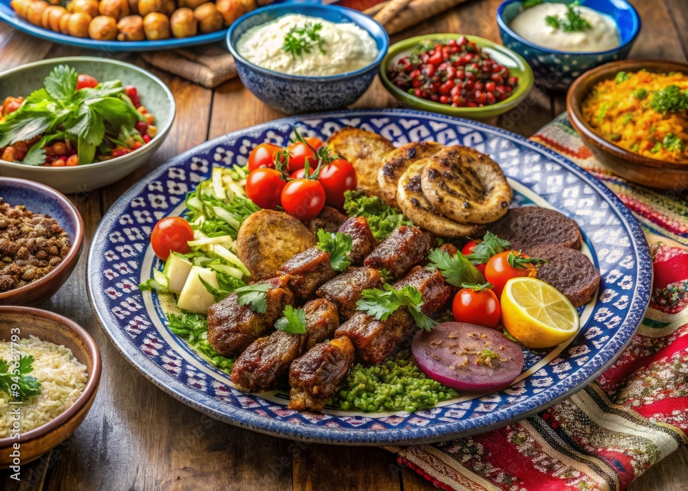 Sizzling meats and vibrant vegetables dance on a colorful plate, featuring succulent beef kofta, fragrant chicken shawarma, and crispy cauliflower, served with a dollop of creamy tahini sauce. Sizzling meats and vibrant vegetables dance on a colorful plate, featuring succulent beef kofta, fragrant chicken shawarma, and crispy cauliflower, served with a dollop of creamy tahini sauce.