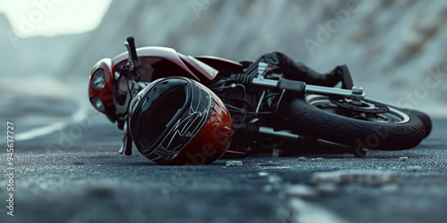 Motorcycle Accident on Mountain Road: Fallen Bike and Helmet on Asphalt