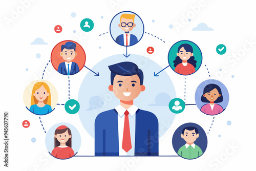 Employee or staff management, HR human resource, company people management, work connection, community or teamwork, recruitment concept, businessman HR put people on team or group connecting line
