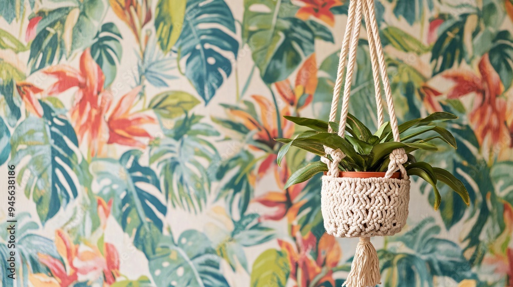 Obraz premium Macrame plant hanger with a small pot, against a bright, botanical wallpaper