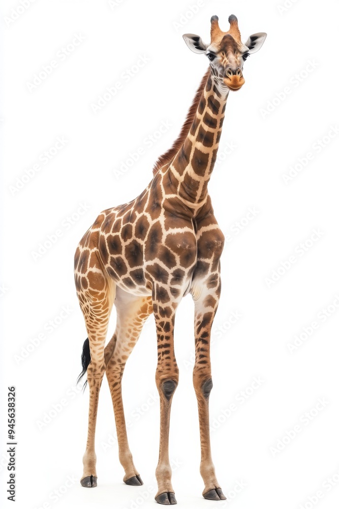 A giraffe stands on a white background, looking directly at the camera. A giraffe stands on a white background, looking directly at the camera.