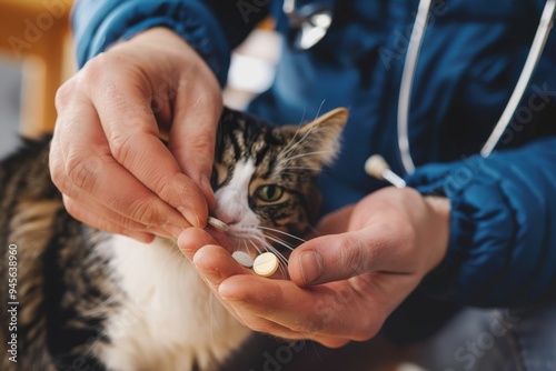 Close Up Photo Of Man's Hands Giving Parasites Pill To A Cat At The Clinic An anonymous veterinarian giving medicine with a pincette to a cat at the animal hospital. photo