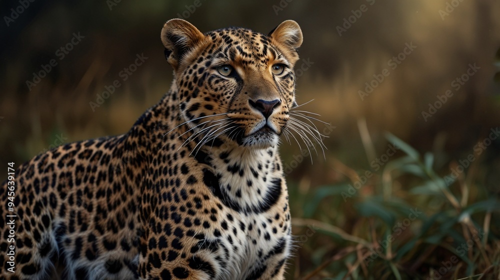 A leopard is sitting on the grass and looking into the distance A leopard is sitting on the grass and looking into the distance