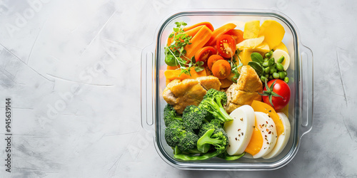 Healthy Lunch Box with Fresh Vegetables, Boiled Egg, and Grilled Chicken on a Light Background photo