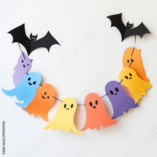 Colorful paper ghosts and bats strung together for festive decoration. photo