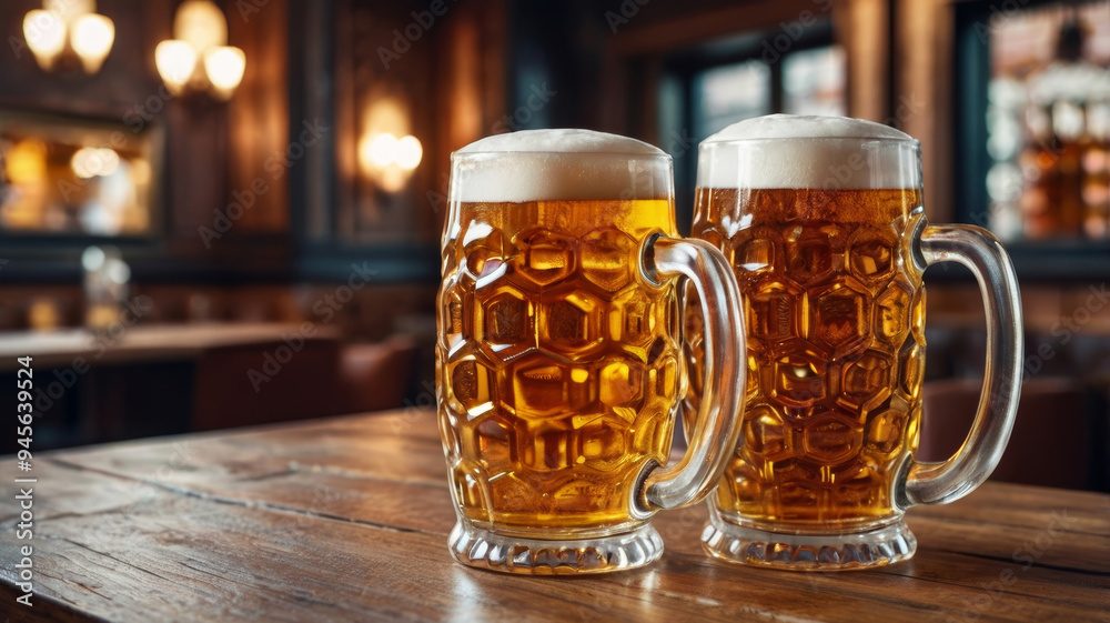 Beer Munich festival in october. Two beer mugs with foam stands on wooden surface in bar. Rustic interior and festive autumn atmosphere. Holiday banner with space for text Beer Munich festival in october. Two beer mugs with foam stands on wooden surface in bar. Rustic interior and festive autumn atmosphere. Holiday banner with space for text