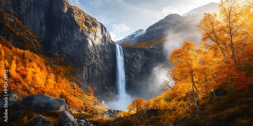Waterfall in autumn mountains, panoramic nature landscape, national park travel photo