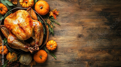 Fototapeta Naklejka Na Ścianę i Meble -  top view: delicious baked thanksgiving turkey on wooden table with space for text