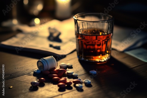 Pills  Alcohol  and a Glass of Whiskey on a Wooden Table