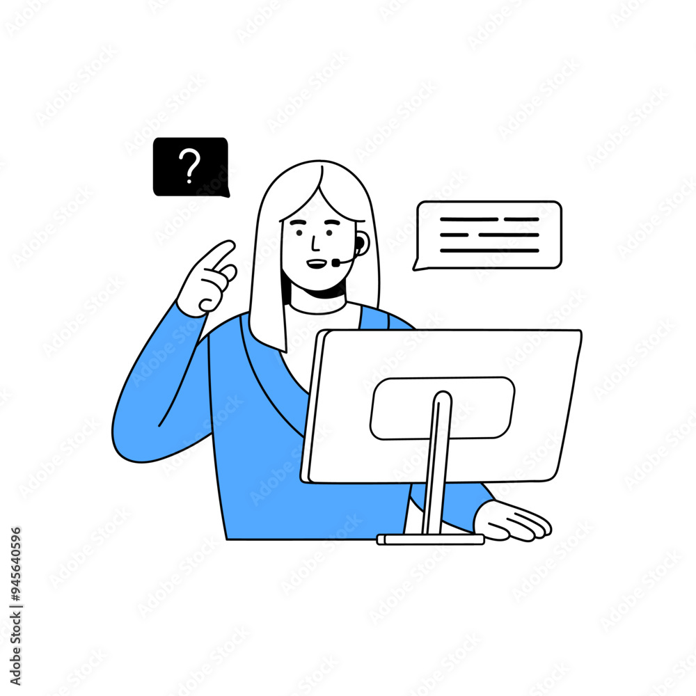 Technical support service employee talks with clients. Operator of call center helps customer. Hotline worker in headset works at helpdesk, helpline. Flat isolated outline vector illustration on white Technical support service employee talks with clients. Operator of call center helps customer. Hotline worker in headset works at helpdesk, helpline. Flat isolated outline vector illustration on white