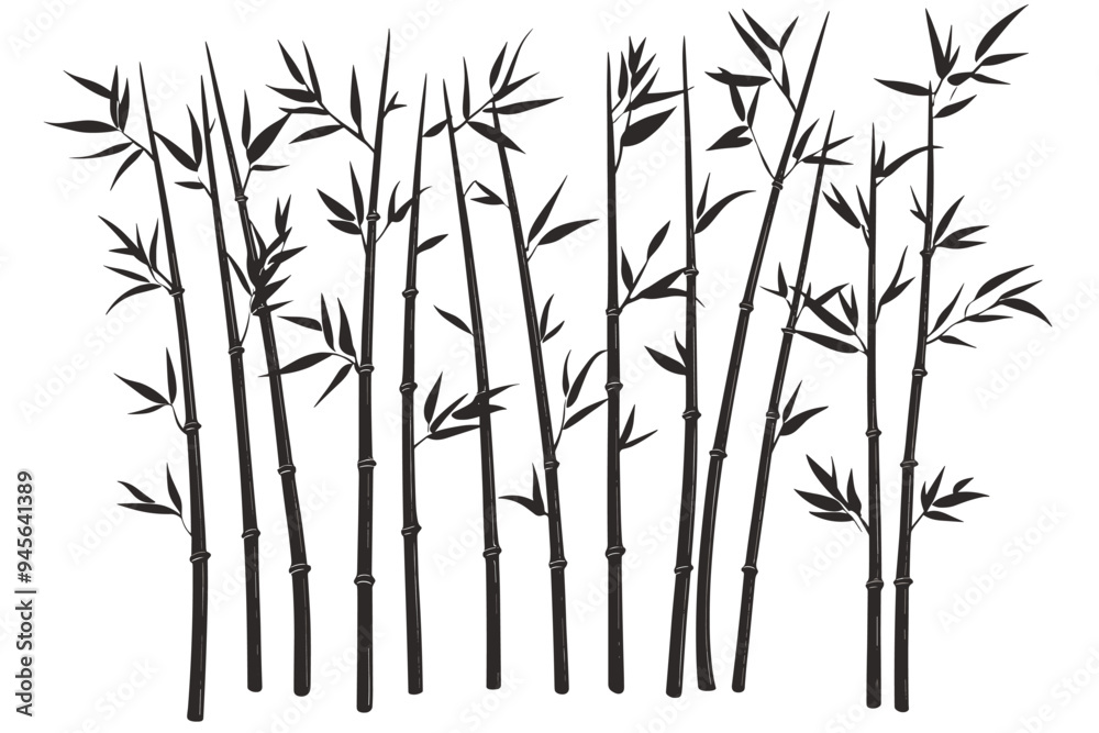 Bamboo forest stems. Jungle bamboo stems silhouettes, bamboo branches with leaves, decorative bamboo flat vector illustration set Bamboo forest stems. Jungle bamboo stems silhouettes, bamboo branches with leaves, decorative bamboo flat vector illustration set