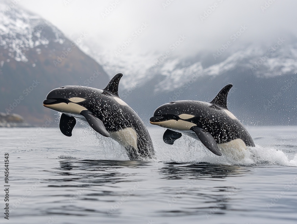 Fototapeta premium Orcas leaping out of the water in front of a mountain range