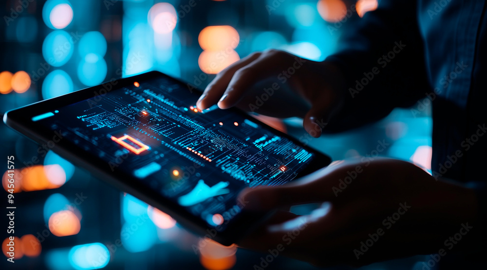 Data science, digital technology, big data management concept. Computer programmer, software engineer using digital tablet with internet network connection, software technology and development Data science, digital technology, big data management concept. Computer programmer, software engineer using digital tablet with internet network connection, software technology and development