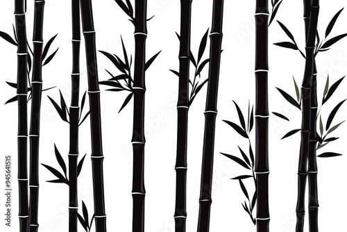 Bamboo forest stems. Jungle bamboo stems silhouettes, bamboo branches with leaves, decorative bamboo flat vector illustration set