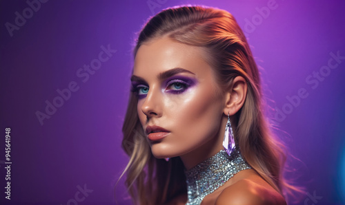 A woman with blonde hair and purple eyeshadow looks directly at the camera in a studio portrait photo