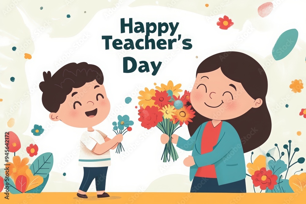 Teacher's Day illustration, a little boy giving flowers to a female primary school teacher. Concept for a card design or poster. Teacher's Day illustration, a little boy giving flowers to a female primary school teacher. Concept for a card design or poster.