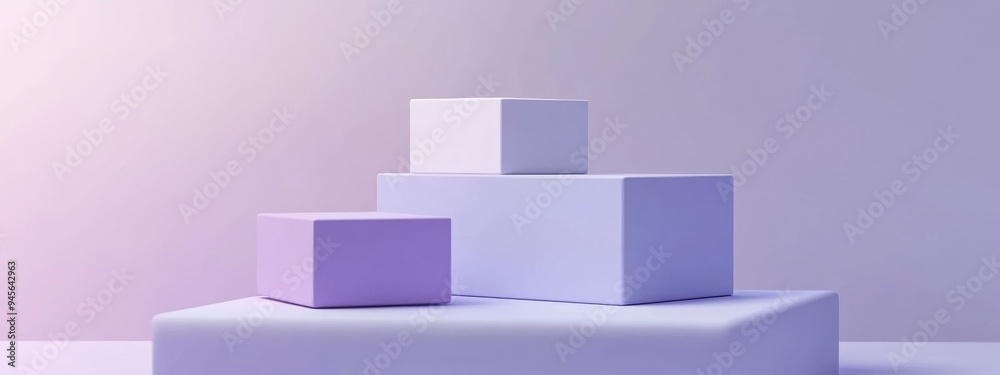 3D illustration of purple violet and white cubes on a square podium in a minimal studio setting Abstract geometric shape rendering suitable for showcasing cosmetic or fashion products