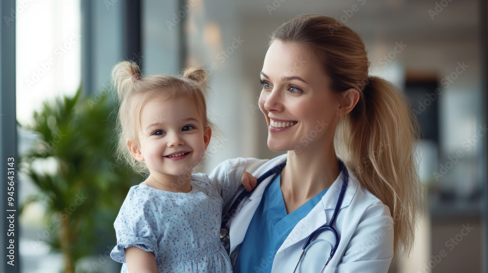 A smiling female doctor in medical attire holds a happy toddler in a healthcare setting, highlighting child-friendly medical care. A smiling female doctor in medical attire holds a happy toddler in a healthcare setting, highlighting child-friendly medical care.