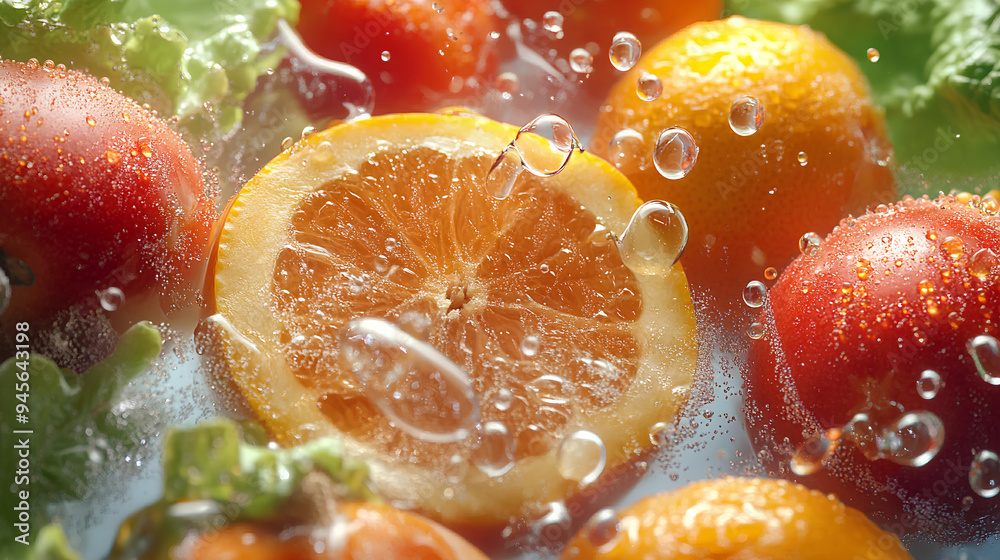 A close-up of vibrant, fresh fruits and vegetables in water with bubbles floating around them. A close-up of vibrant, fresh fruits and vegetables in water with bubbles floating around them.