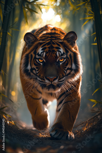 Tiger prowling through a dense bamboo forest with rays of sunlight piercing through,