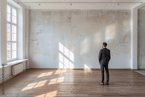 Businessman presenting a room, highlighting features and space, engaging client, professional atmosphere, modern design, bright and inviting, showcasing layout, discussing potential uses, formal attir photo