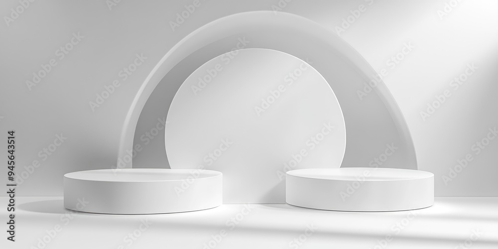 3D rendering of three white podiums featuring geometric shapes Isolated podium with a hollow semi circle backdrop Platforms designed for showcasing cosmetic products High end display stage 3D rendering of three white podiums featuring geometric shapes Isolated podium with a hollow semi circle backdrop Platforms designed for showcasing cosmetic products High end display stage