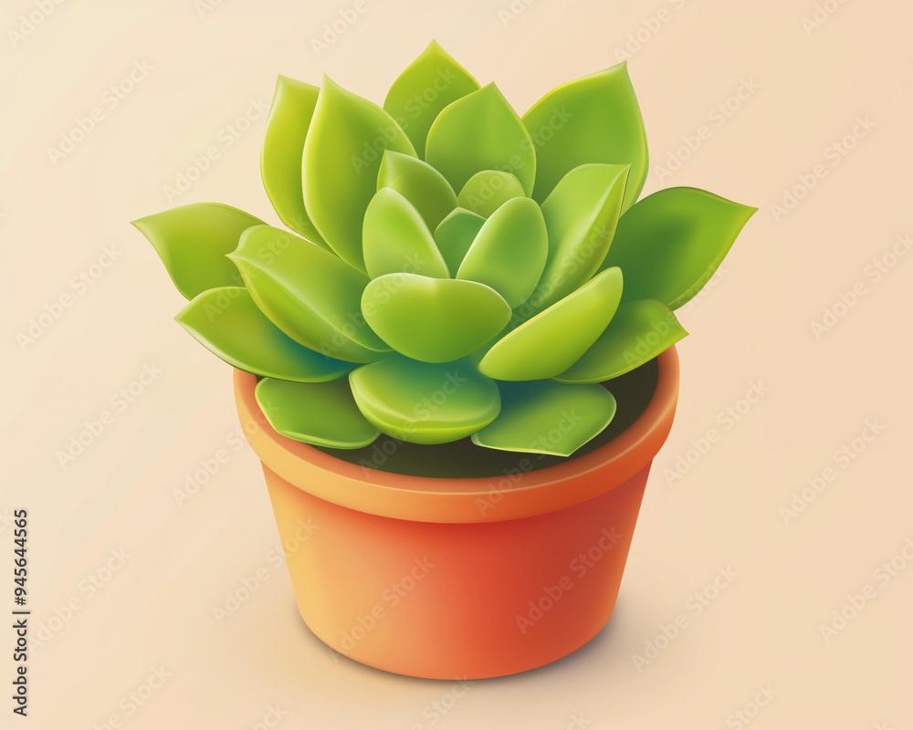 Vibrant green succulent in orange pot, digital illustration on beige background Vibrant green succulent in orange pot, digital illustration on beige background