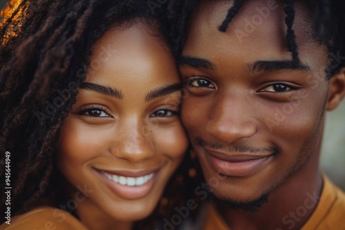 Close-up of a joyful young couple of African descent sharing a tender moment filled with love and affection.