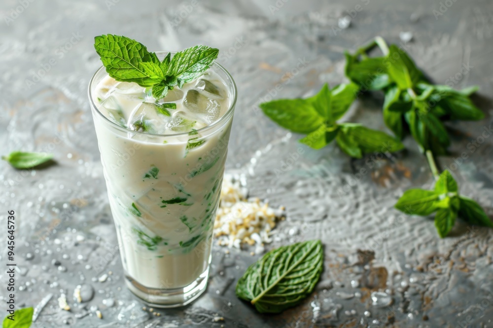 Soy milk mojito with soy milk and mint, served in a clear glass, vegan background, copy space for text 
