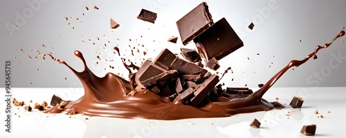 Chocolate pieces exploding into a splash of liquid chocolate on a white background during a culinary demonstration