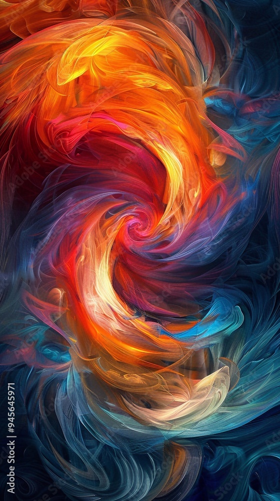 Create an abstract composition featuring a blend of vibrant colors swirling and merging together. The design should convey a sense of dynamic energy and fluid motion, with the colors interacting in a Create an abstract composition featuring a blend of vibrant colors swirling and merging together. The design should convey a sense of dynamic energy and fluid motion, with the colors interacting in a