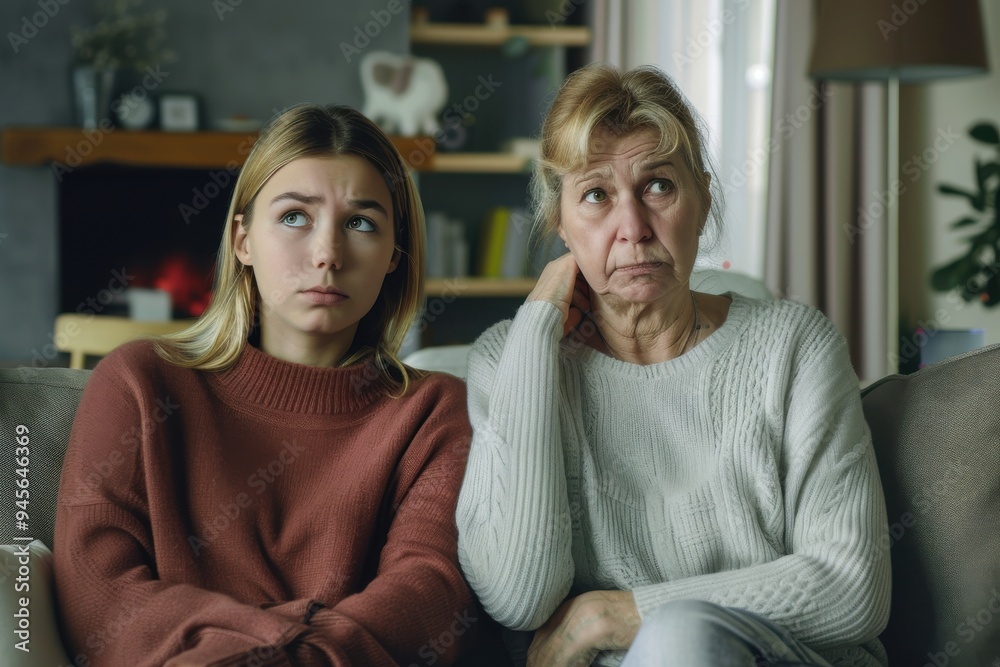 Shot of a young daughter and her mother looking worried at home You don't have to be alone Shot of a young daughter and her mother looking worried at home You don't have to be alone