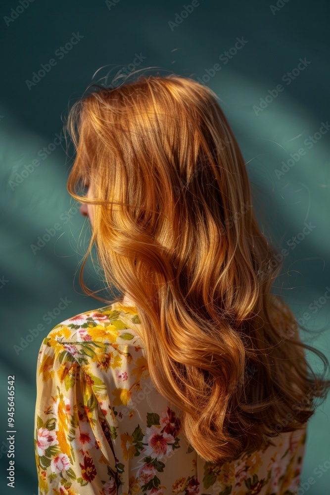 A woman with flowing red hair stands against a textured teal wall, sunlight creating soft shadows on her floral dress in the afternoon. Back view A woman with flowing red hair stands against a textured teal wall, sunlight creating soft shadows on her floral dress in the afternoon. Back view