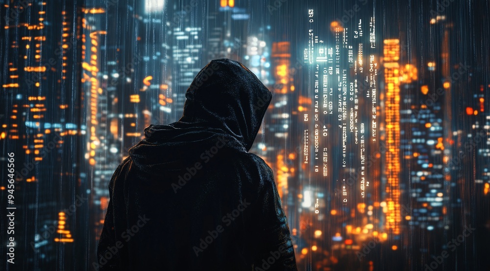 Hooded Figure in Digital Rain Representing Cybersecurity and Online Anonymity Hooded Figure in Digital Rain Representing Cybersecurity and Online Anonymity