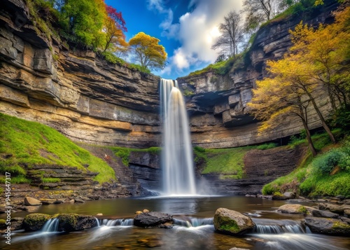 The gentle roar of Hardraw Force echoes through the valley, captured in a photo with stunning clarity and accurate color representation, a realistic photo image.