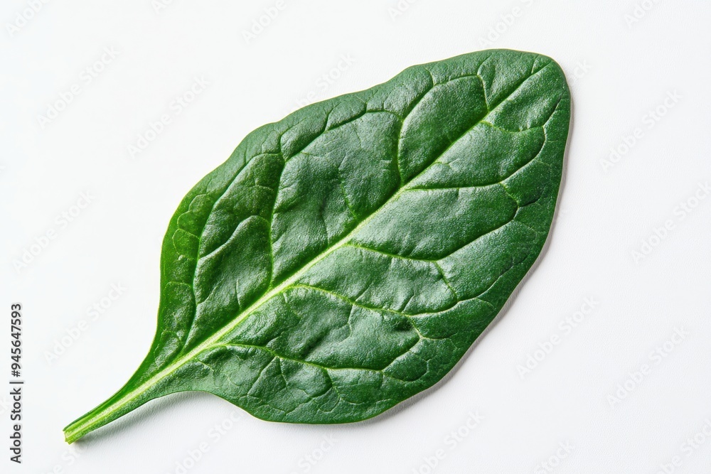 Obraz premium A fresh green spinach leaf on a white background, showcasing its texture and shape.