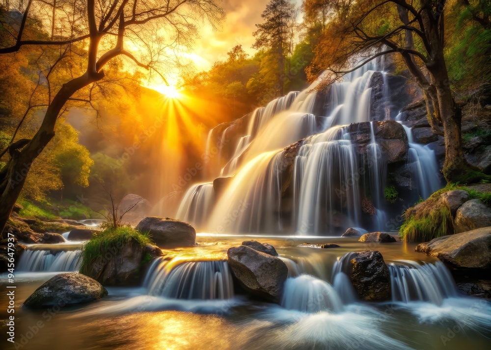 Warm golden light casting an ethereal glow on the falls, with a few rocks and branches in the foreground, a realistic photo image. Warm golden light casting an ethereal glow on the falls, with a few rocks and branches in the foreground, a realistic photo image.