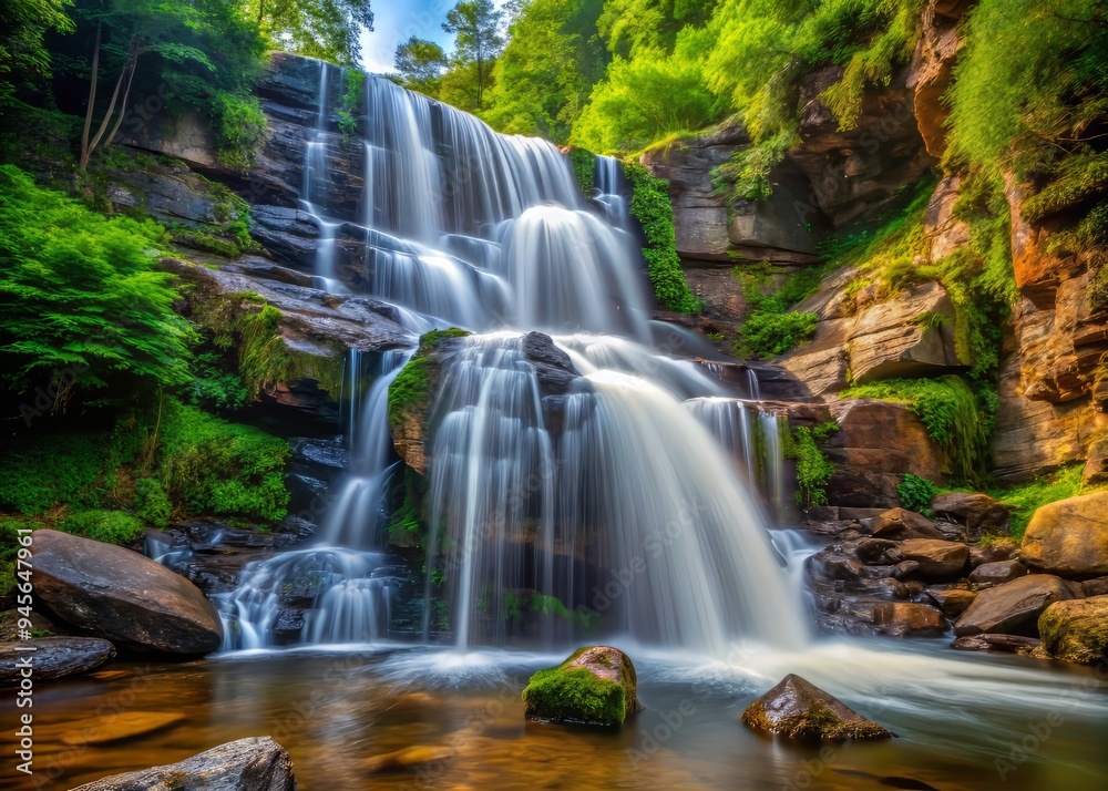 A close-up of Moore Cove Falls, highlighting the textured rocks, foamy water, and lush vegetation, a realistic photo image. A close-up of Moore Cove Falls, highlighting the textured rocks, foamy water, and lush vegetation, a realistic photo image.