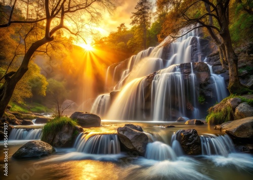 Warm golden light casting an ethereal glow on the falls, with a few rocks and branches in the foreground, a realistic photo image.