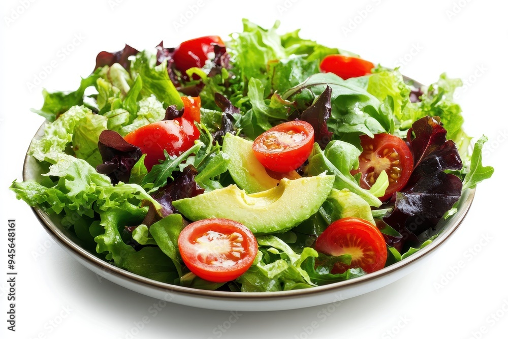A fresh salad featuring mixed greens, cherry tomatoes, and avocado slices. A fresh salad featuring mixed greens, cherry tomatoes, and avocado slices.