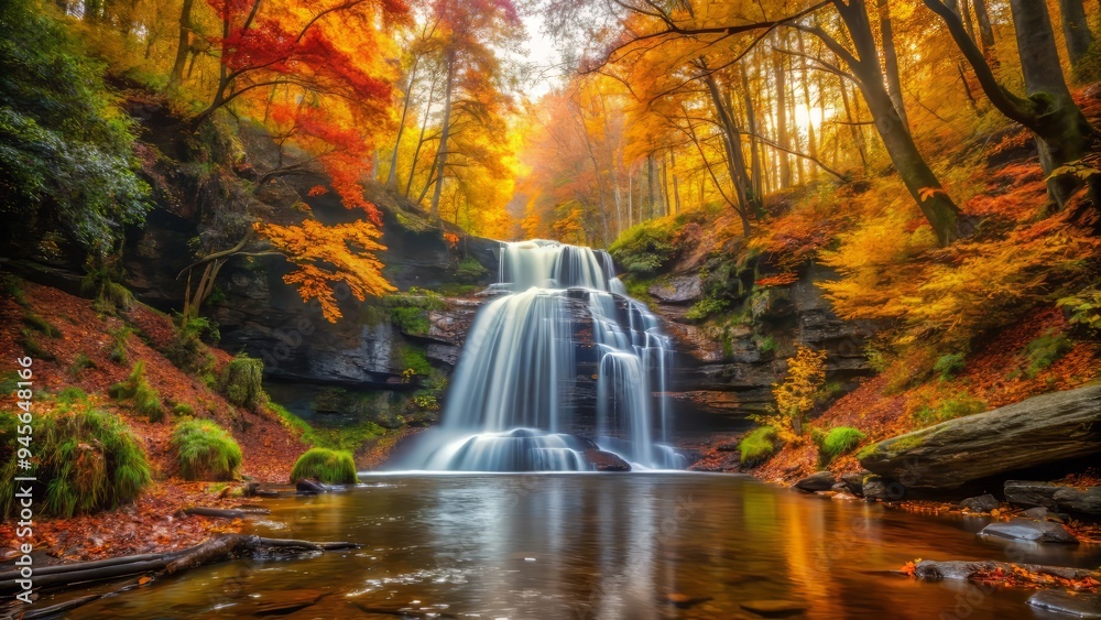 Obraz premium Moore Cove Falls amidst a carpet of autumn leaves, vibrant colors, warm light, and misty atmosphere, a realistic photo image.