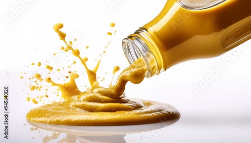 Mustard sauce splashing out from glass bottle isolated on background