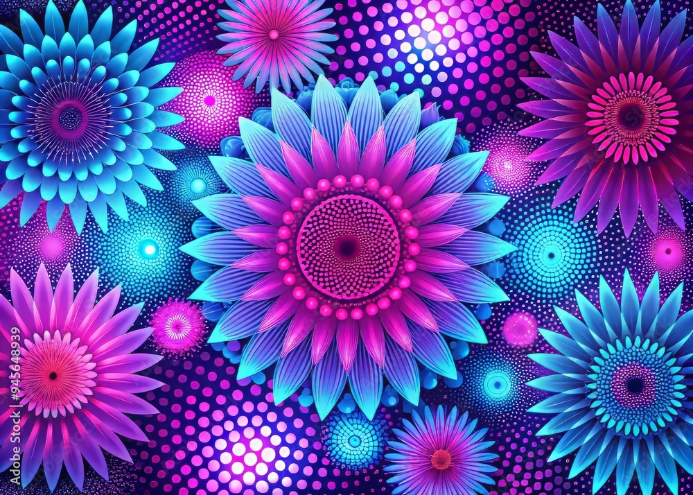 Vibrant psychedelic radial blooms bursting from dark centers in neon pink purple blue halftone gradients exuding futuristic optimism mystique in mesmerizing abstract compositions. Vibrant psychedelic radial blooms bursting from dark centers in neon pink purple blue halftone gradients exuding futuristic optimism mystique in mesmerizing abstract compositions.