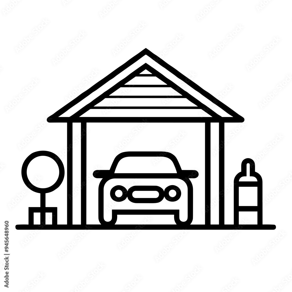 A sleek carport shelters a small car alongside a decorative tree and equipment container, showcasing a contemporary design with functional elements A sleek carport shelters a small car alongside a decorative tree and equipment container, showcasing a contemporary design with functional elements