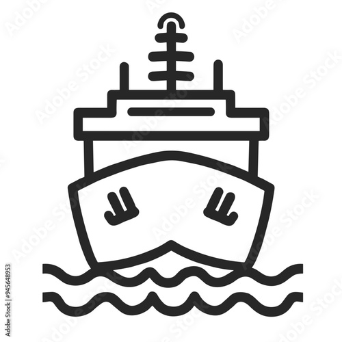 The drawing depicts a cargo ship facing forward as it glides through gentle waves, representing trade and transportation on the water