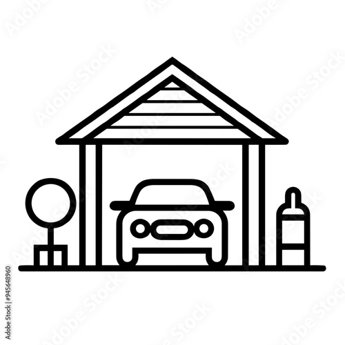 A sleek carport shelters a small car alongside a decorative tree and equipment container, showcasing a contemporary design with functional elements